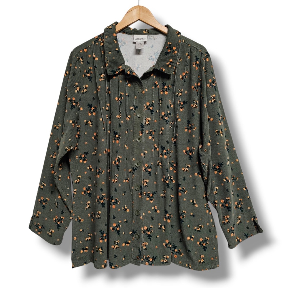 Vermont Country Store Corduroy Button Shirt 1X Green Floral Pintuck Cottage Fall